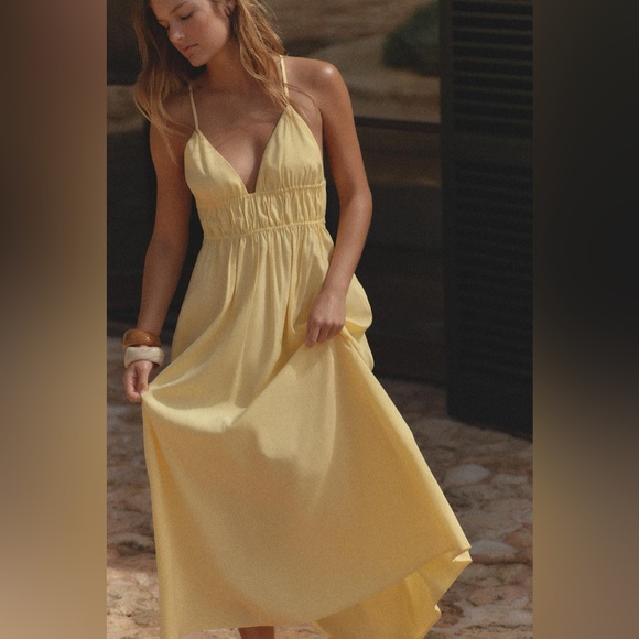 Zara Dresses & Skirts - Zara NWT Yellow Flowy V Neck Halter Midi Summer Dress (Size XS)
